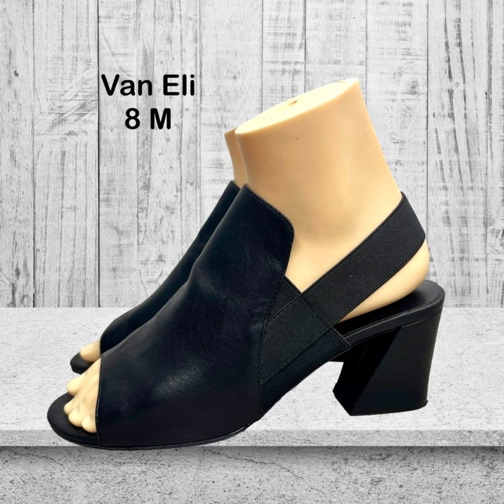 Van Eli Black Leather Open Toe Block Heel Elastic Slingback Sandals Size 8M‎